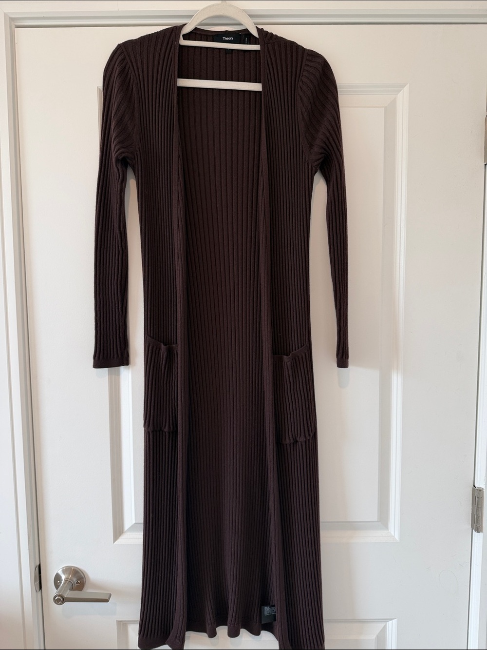 Theory Dark Brown Ribbed Longline Open Cardigan